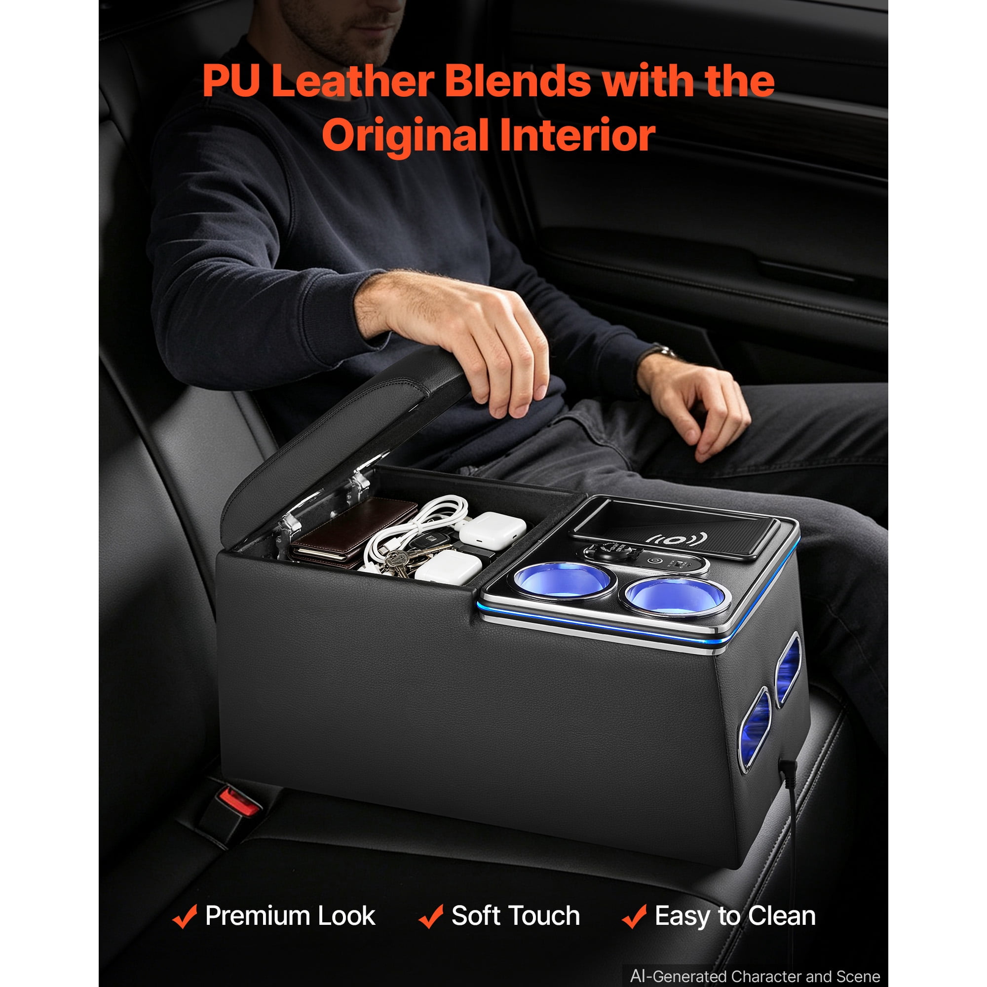 KFFKFF Universal Rear Bench Seat Center Console with Multi-Color Ambient Lighting, Wireless/USB/Cigarette Lighter Charging, Back Seat Organizer with Cup and Phone Holders for MPV, Sedan, SUV