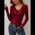 thumbnail image 4 of Blusa de Larga con Cuello Redondo y Encaje de con Bordado Floral para Mujer Vino Tinto L, 4 of 9
