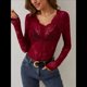 thumbnail image 4 of Blusa de Larga con Cuello Redondo y Encaje de con Bordado Floral para Mujer Vino Tinto XL, 4 of 9