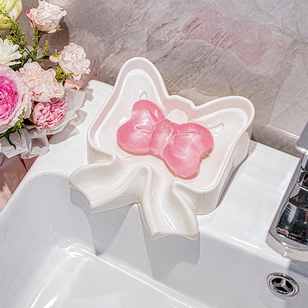 Escurridor para platos de jabón | Bandeja de jabones de plástico Bowknot Design – Rosa, Blanca | Organizador de baño para drenaje de agua | 15x13,5x6cm | Previene la acumulación, soporte decorativo