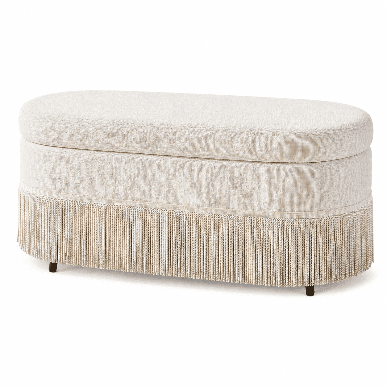 Aukfa Oval Storage Ottoman Bench with Tassel Trim, Upholstered End of Bed Bench with Hidden Storage, Metal Legs,Beige