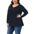 thumbnail image 4 of Agnes Orinda Women's Plus Size Top V Neck Long Sleeve Button Decor Casual Loose Tunic Blouse 1X Dark Blue, 4 of 6