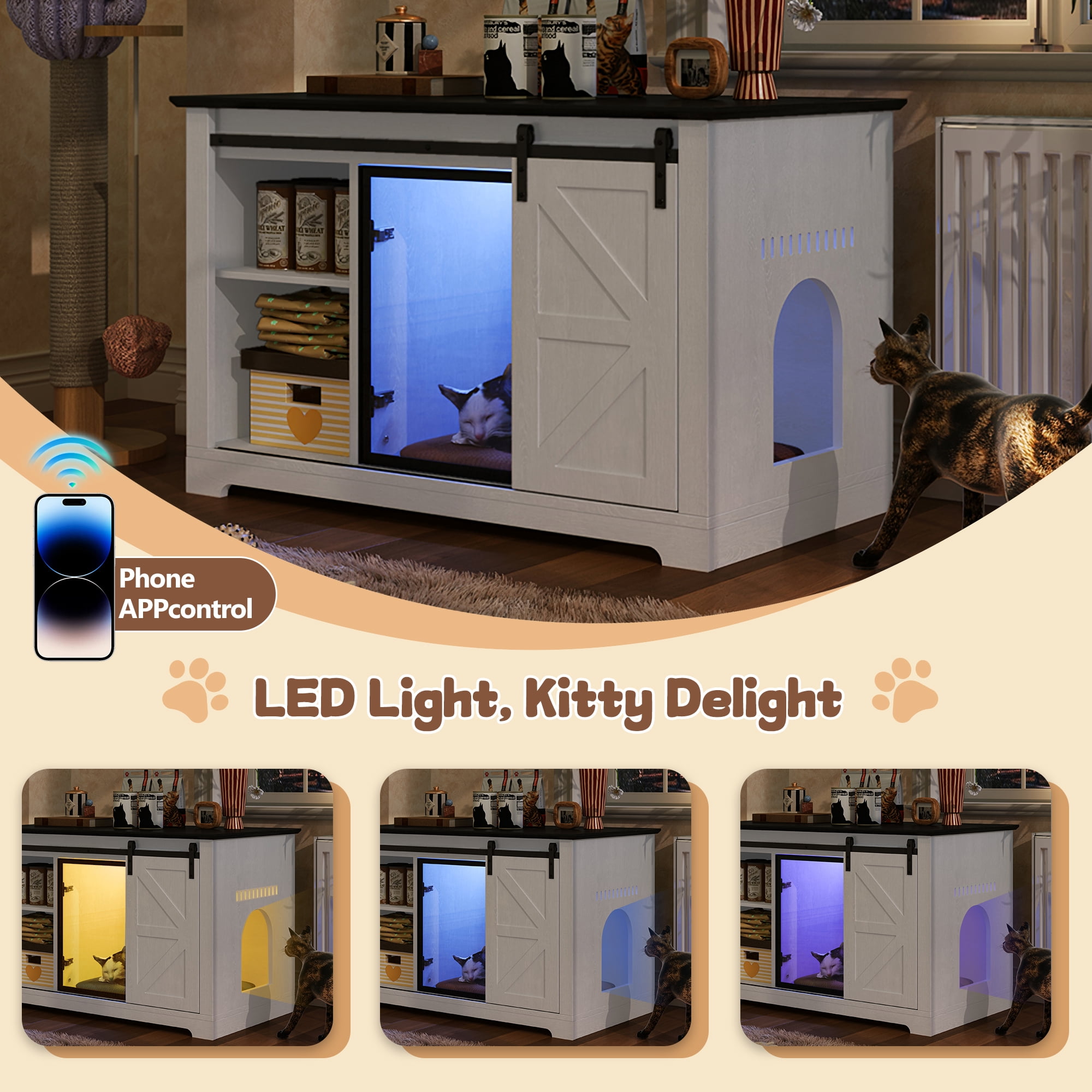 46" Farmhouse Cat Litter Box Enclosure with Sliding Barn Door, White Large Hidden Acrylic Door Cat Cabienet with LED Light, Cat Washroom Furniture with Storage Cabinet, Cat House Nightstand