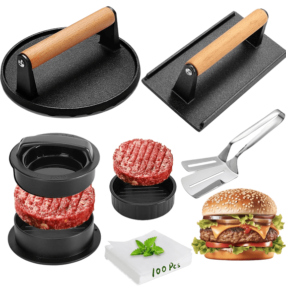 YSPUKY 6pcs Smash Burger Press Kit, 3 in 1 Hamburger Press Patty Maker, Cast Iron Burger Press Round & Rectangle, 100pcs Wax Paper for Grill, Griddle, Flat top, Kitchen, Cooking