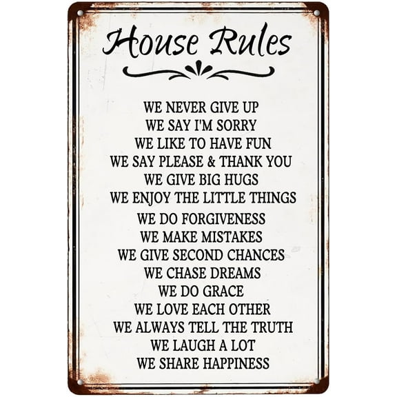 House Rules Vintage Metal Sign We Never Give Up We Say I'm Sorry We Like To Have Fun Retro Tin Signs for Home Gate Garden Bars Cafes Office Club Man Cave Decor 12 X 8 inch