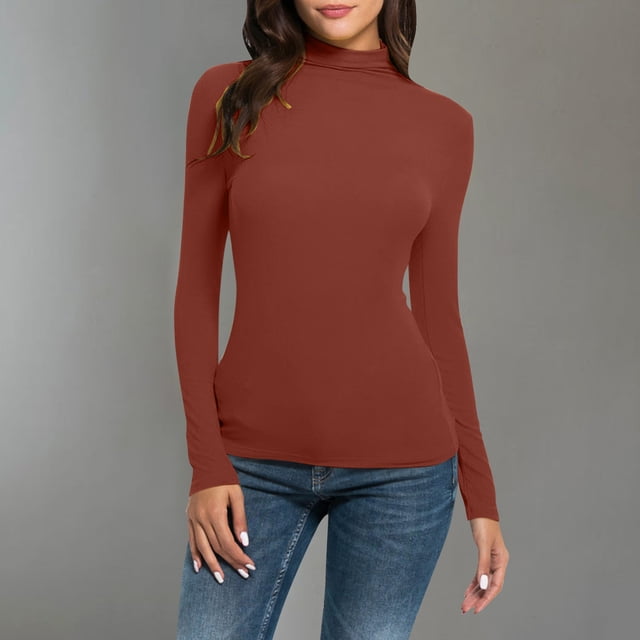 Meichang Womens Mock Neck Long Sleeve Shirts Solid Color Soft Thermal Underwear Tops Fall Fashion 2024 Tight Basic Layer T Shirts
