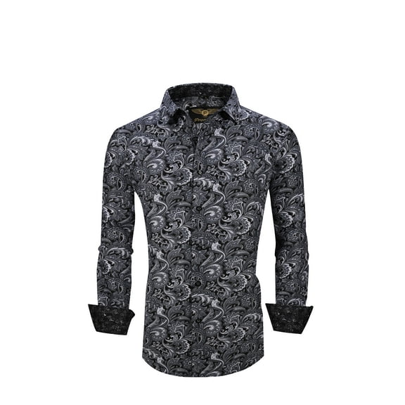 Men PREMIERE Long Sleeve Button Up Dress Shirt Black White Paisley