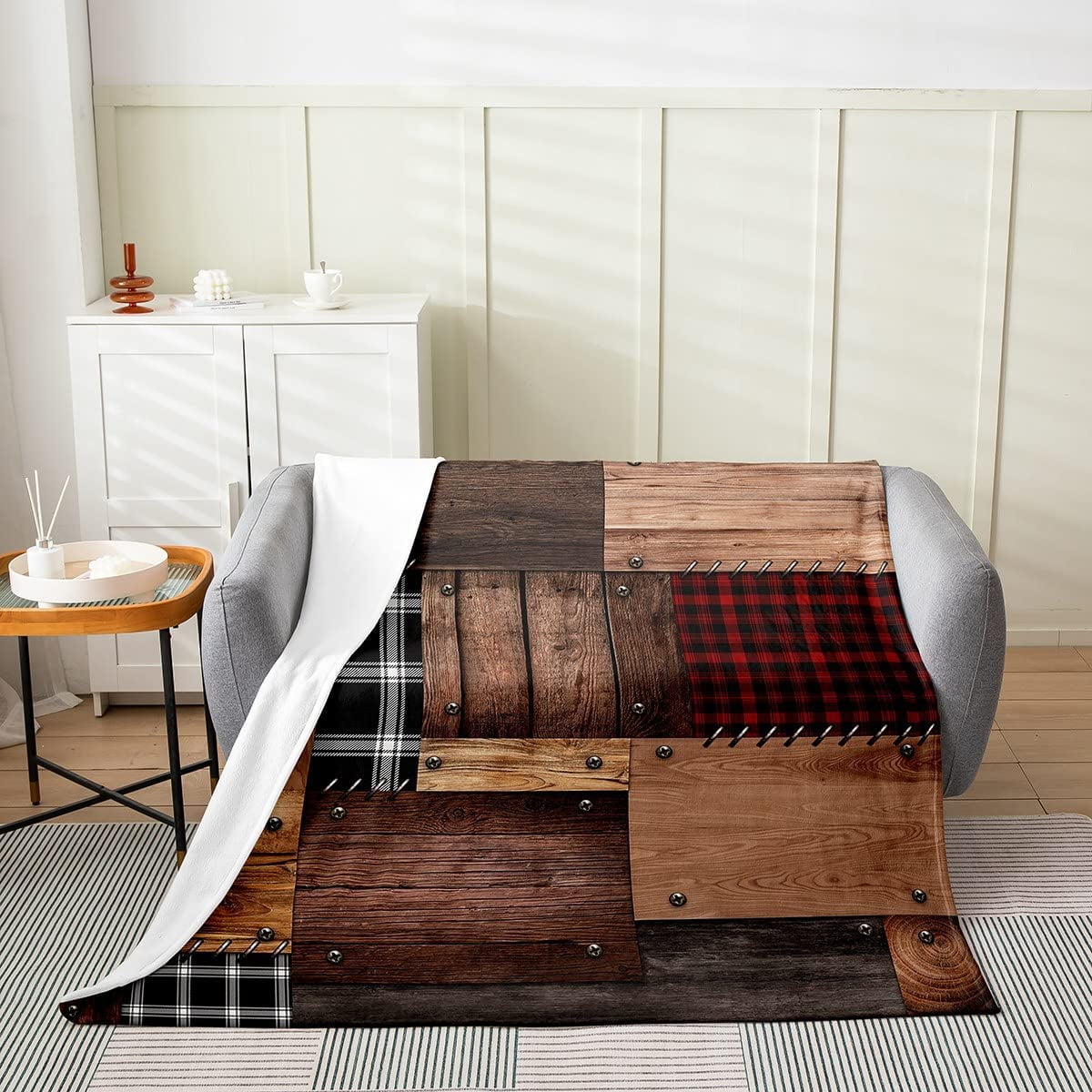 Brown Barn Door Flannel Blanket Rustic Farmhouse Throw Blanket Plaid