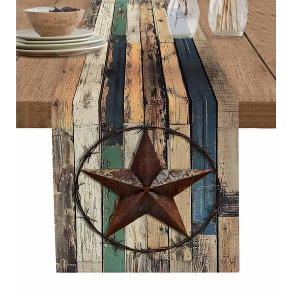 Western Texas Stars Table Runner Farmhouse Vintage Wooden Plank Tablerunners 13 x 120 Inch, Table Decorations Tabletop Scarf for Summer Gathering Holiday Farmhouse Kitchen Dining Decor