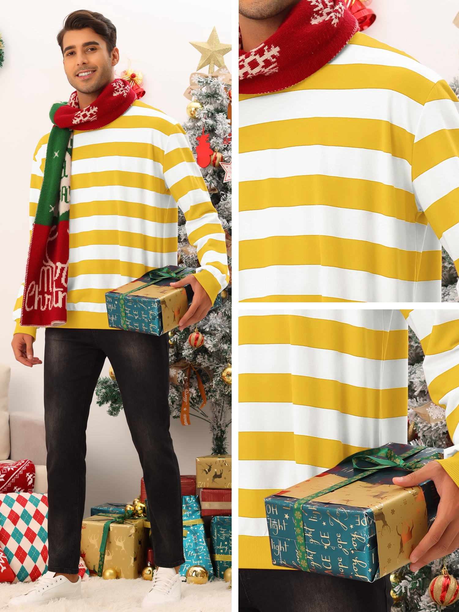 Unique Bargains Men's Striped Crew Neck Pullover Color Block Sweatshirts 2XL Yellow White