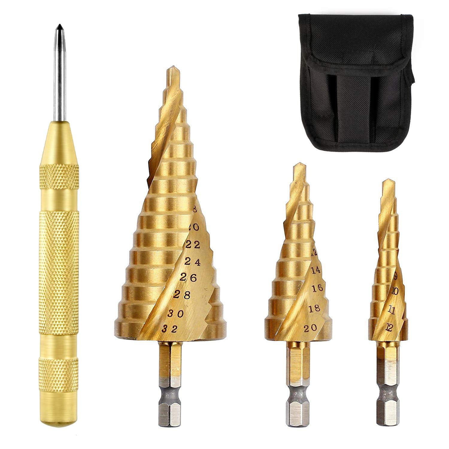 HSS Spiral Grooved Step Cone Drill Bit 1/4 Hex Shank 15 Steps 4mm-20mm Hole Cut HSS Spiral Grooved Step Cone Drill Bit 1/4 Hex Shank 15 Steps 4mm-20mm Hole Cut