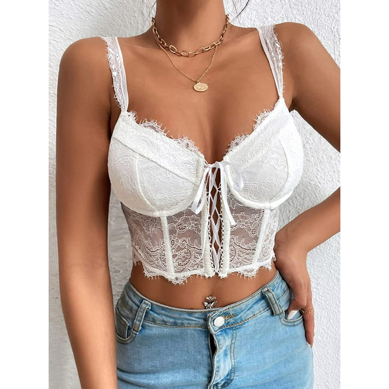 Lace-up Sheer Lace Bralette Top In WHITE