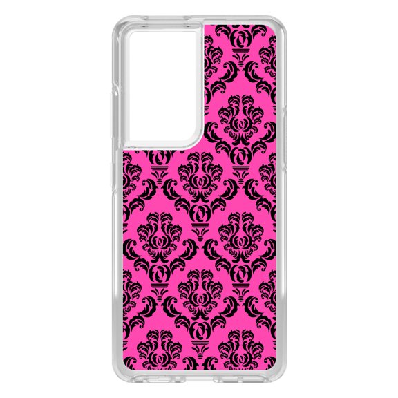 DistinctInk Clear Shockproof Hybrid Case for Galaxy S21 ULTRA 5G (6.8" Screen) - TPU Bumper, Acrylic Back, Tempered Glass Screen Protector - Pink Black Damask Pattern - Floral Damask Pattern