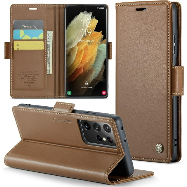 Funda tipo cartera para Samsung Galaxy S21 Ultra con tarjetero, función atril, cierre magnético, protección antigolpes, de piel sintética, con tapa y función atril
