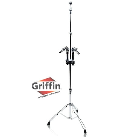 Double Braced Tripod Drum Throne - Double Tom Drum Stand with Cymbal Arm by Griffin Percussion Set Hardware with Dual Drum Mounts Medium Duty Tom Holder with Double Braced Tripod Legs Accommodates All Standard Cymbals