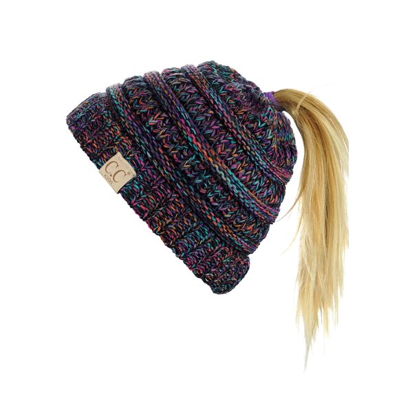 C.C BeanieTail Kids' Children's Soft Cable Knit Messy High Bun Ponytail Beanie Hat, 3 Tone Pink