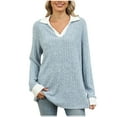thumbnail image 1 of Annhoo Fall Tops for Women 2025 Long Sleeve Lapel V Neck Knitted Sweater Casual Loose Color Block Basic Tunics, 1 of 8