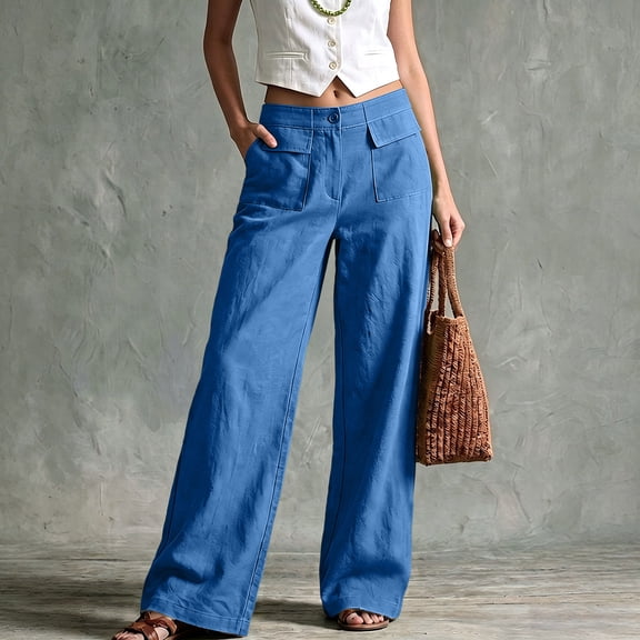 Womens Cotton Linen Wide Leg Pants High Waisted Straight Business Casual Pants Summer Office Work Trousers with Pockets, M