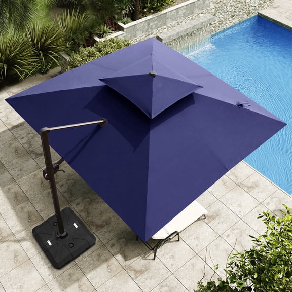 Crestlive Products 11x11FT Large Patio Cantilever Umbrella with Wheel Base, Double-Top Aluminum Offset Outdoor Umbrella, Navy Blue