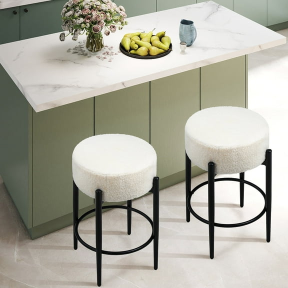 Melocadol Set of 2 Bar Stools, 24" Counter Height Barstools with Thick Padded Seats, Backless Round Kitchen Bar Stools with Footrest, White
