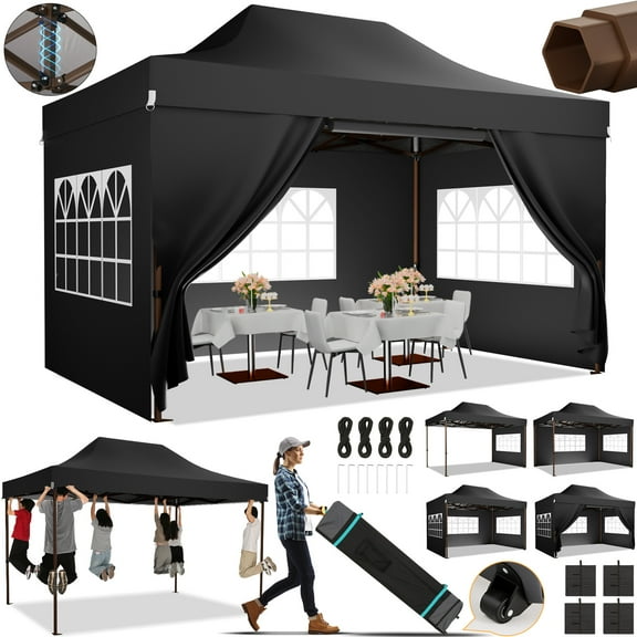 COBIZI 10x15 Pop Up Canopy Tent Heavy Duty with Sidewall, Commercial Outdoor Easy Pop Up Gazebo for Party Wedding All Weather Waterproof UV 50 with Roller Bag(Leg Upgraded),Black