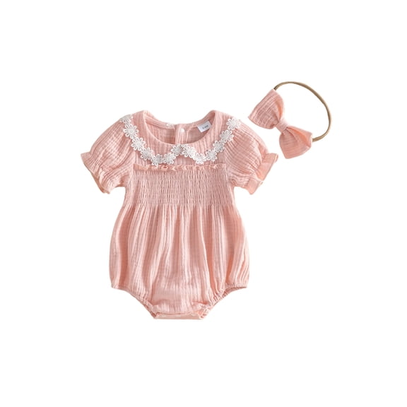 Aojekbee Baby Girl Summer Romper Fashionable Flower Trim Short Bubble Sleeve Smocked Jumpsuit with Headband