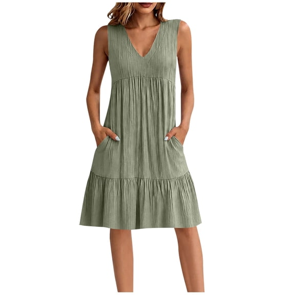 Ayolanni Solid Spring Dresses for Women Modest V-Neck Sleeveless Midi A-Line Dress Ruffle Beach Pleated Casual Vacation Sundress with Pockets Green L