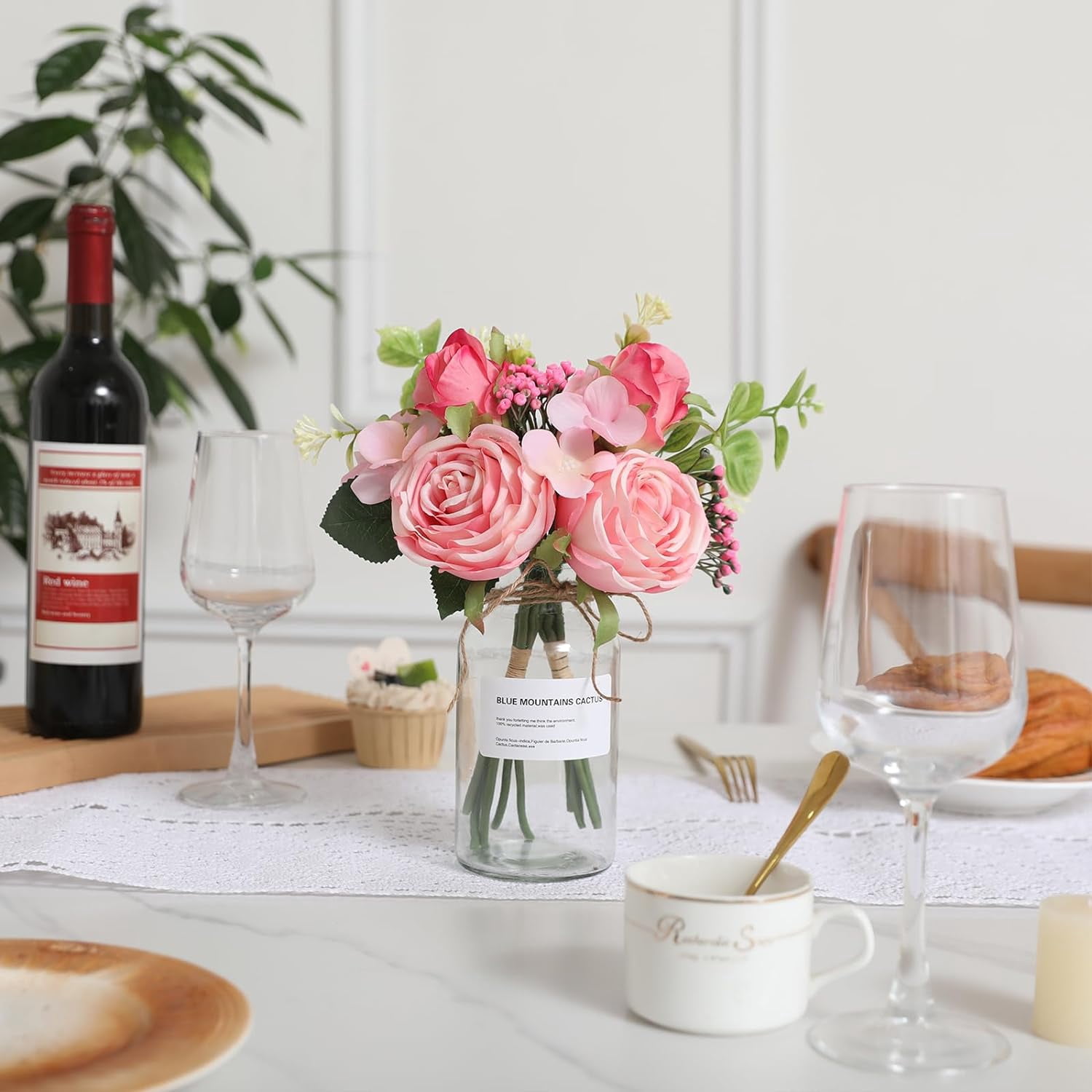 Roses Artificial Flowers in Vase,Realistic Floral Fake Roses Bouquet Silk Flower Arrangement with Vase Faux Roses with Stems for Table Centerpieces Home Office Kitchen Decor (Green)