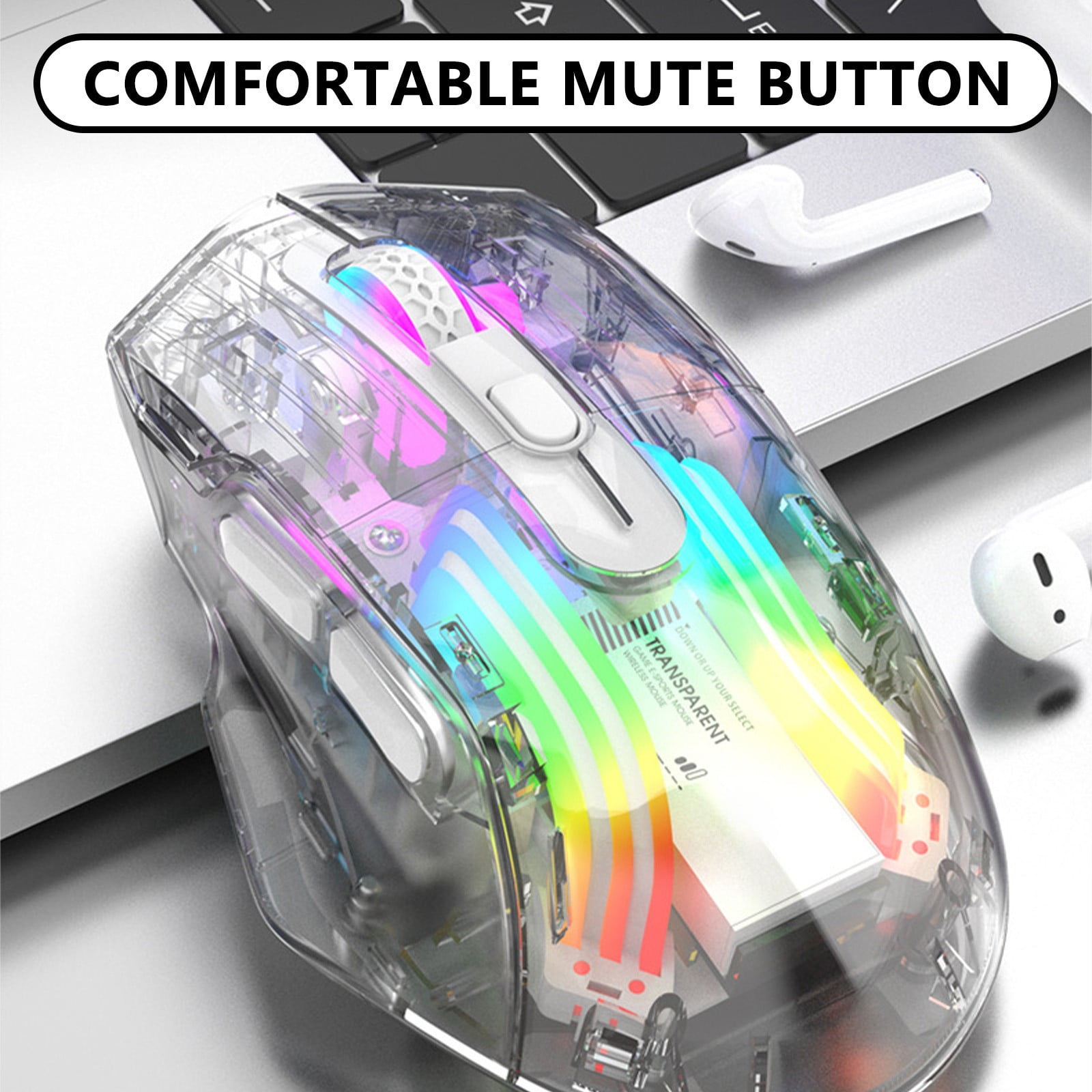Bluetooth Wireless Mouse with Transparent Crystal Shell, Tri-Modes (USB Wired+2.4G Wireless+Bluetooth), Five Speed DPI,Silent Click,RGB Backlit, Used for Gaming and Esports(Clear)