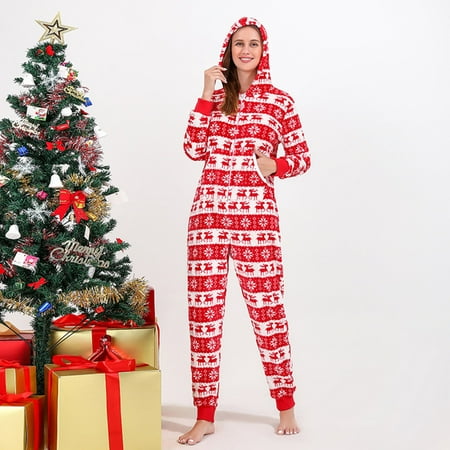 

Foraging dimple Women s Mom Christmas Print Family Hooded One-Piece Pajamas Jumpsuit Pajamas