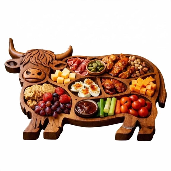 StlyGar Cow Wooden Charcuterie Board, Solid Wood Cow Food Platter, Rustic Serving Tray Board with Compartments for Meat, , (1pcs,12.99in)