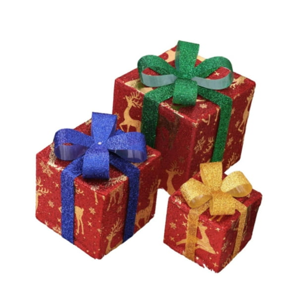 3 cajas de regalo navideñas iluminadas, caja de regalo decorativa con lazos. Ciervo