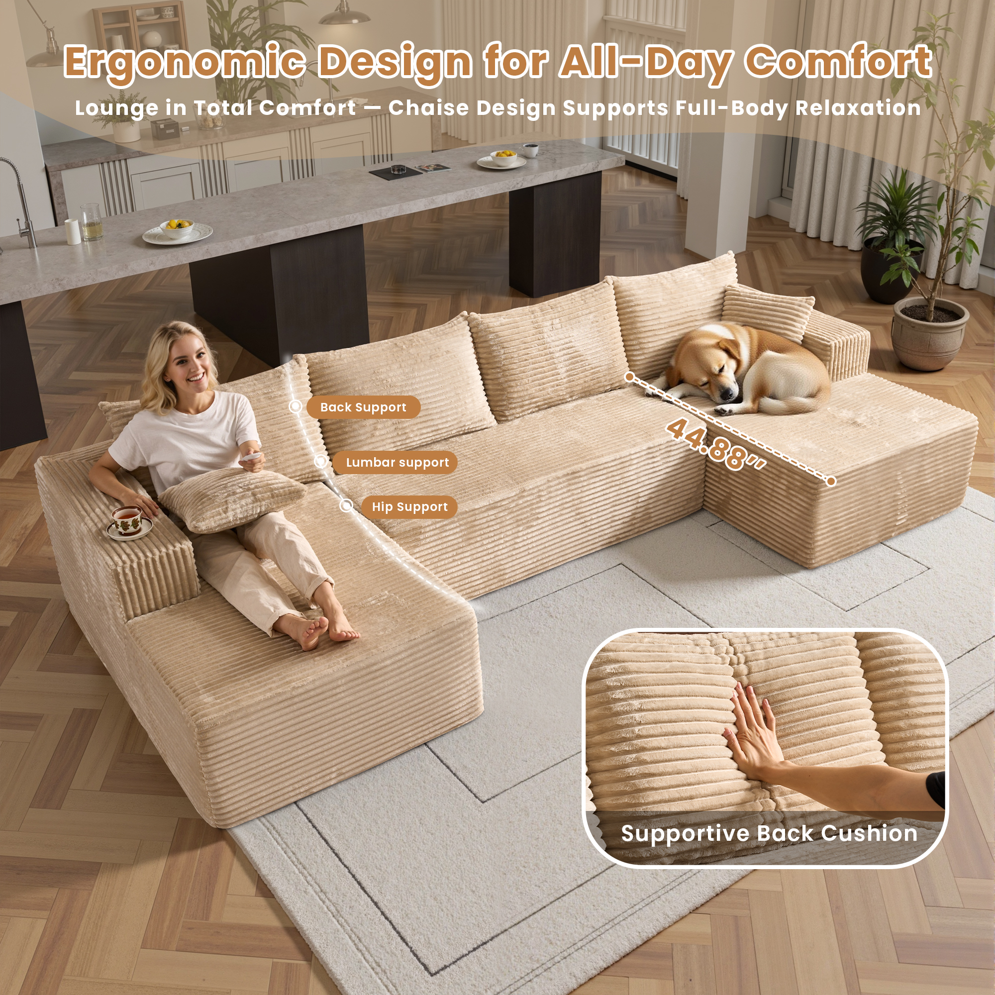 Toject 135" Modular Sectional Sofa, Cloud Modern Sleeper Couch with Chaise Lounge, No Assembly Required, U-shaped Plush Corduroy Sofa Couch for Living Room, Beige