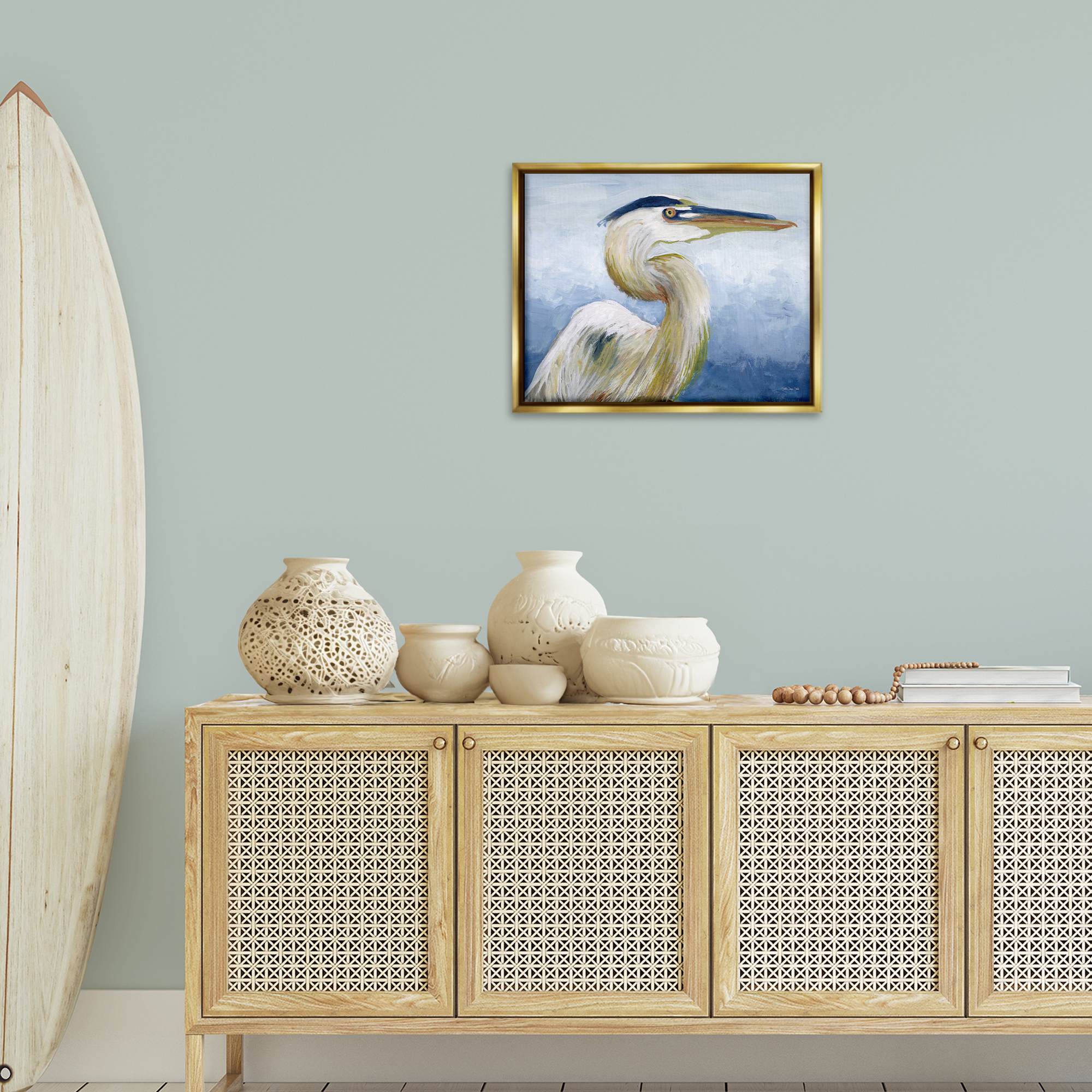 Stupell Industries Heron & Blue Gradient Animals & Insects Painting Gold Floater Framed Canvas Art Print Wall Art, 21 x 17