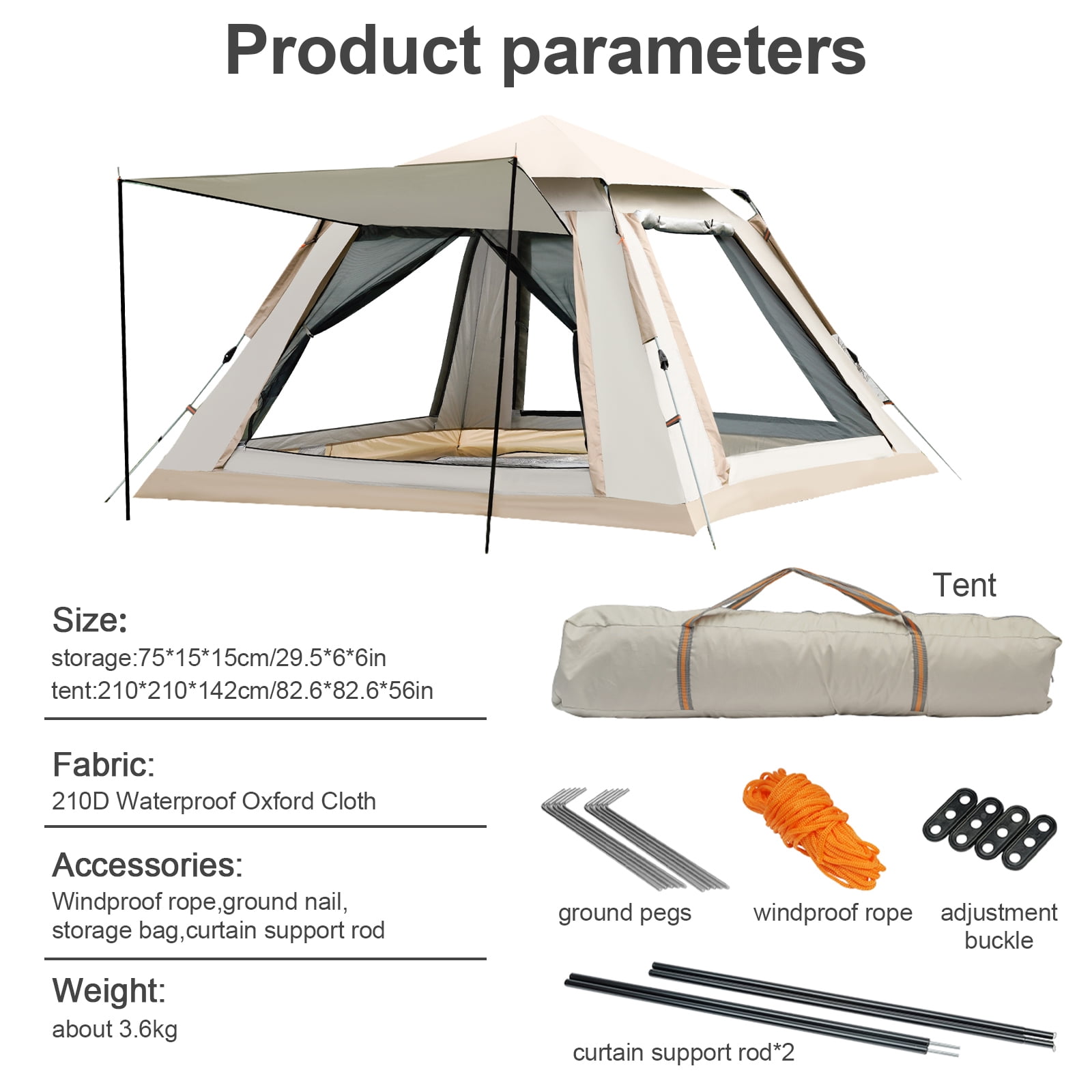 TOPCHANCES Outdoor Camping Tent for 3-4 Person, Automatic Pop-Up Tent, Waterproof & Windproof For Family Hiking, Car Trip - Beige