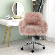 Faux Fur Desk Chair for Home Office, Soft Height Adjustable 360°Swivel Computer Chair, Makeup Stool Chair with Armrest and Wheels for Living Room/Bedroom (Pink Hairy)