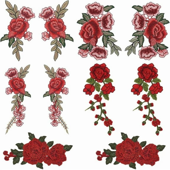 5 Style Retro Embroidery Peony Rose Patches 5 Pair 3D Assorted Red Rose Flower Appliques Embroidered Lace Rose Flower Sew On Patches for DIY Sewing Collar Bust Jacket Jean Dress Pants Shirts