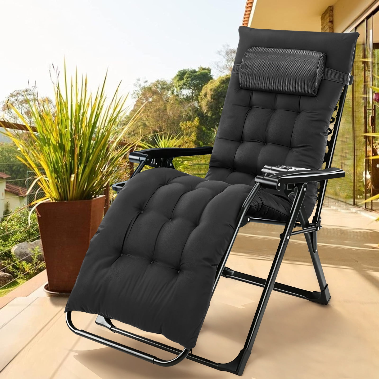 Simenmax Zero Gravity Chair, Heavy-Duty Reclining Lounge Chair with Padded Cushion & Cup Holder, Foldable Patio Recliner for Camping, Beach, and Indoor Relaxation,Black