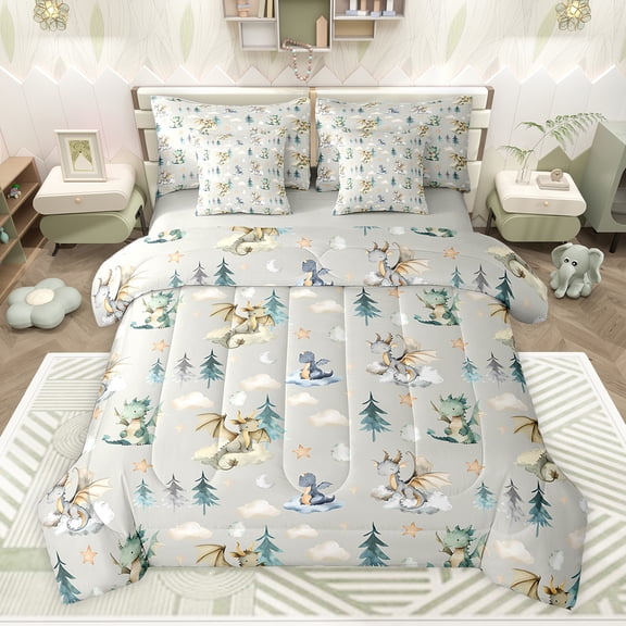 Feelyou Magic Dragon Teens Twin Bedding Sets 7-Piece, Kawaii Dino Animal Grey Bedding Comforter Set, Cartoon Cloud Stars Reversible Sheet Sets, Ultra Soft Bedroom Decor