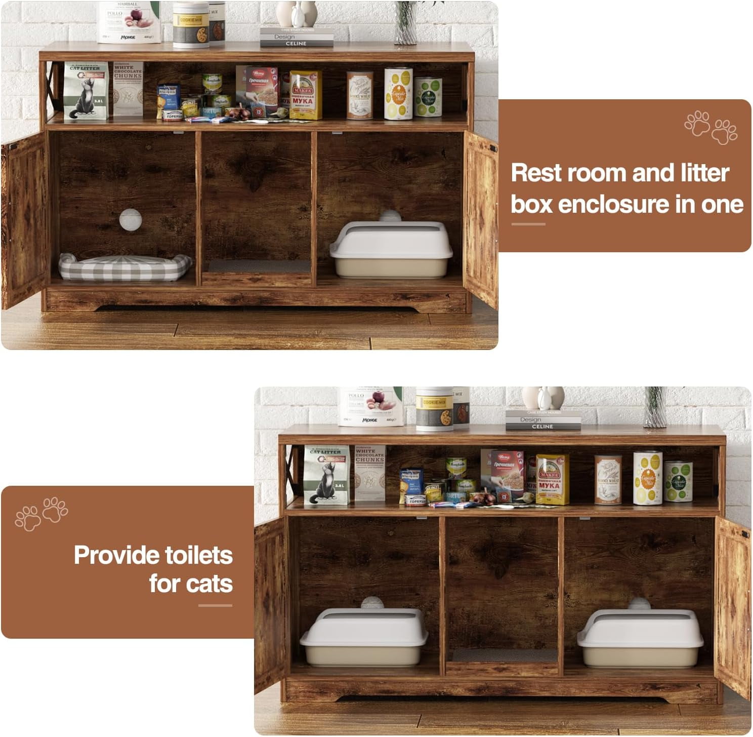 VEANERWOOD 47" Large Wood Cat Litter Box Enclosure, Hidden Cat House Washroom Furniture with Scratch Pad and Storage Shelf