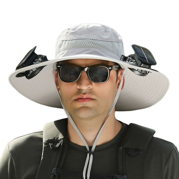 Wide Brim Solar Fan Hat, Outdoor Fishing Hat with 2 Fans Solar Power, Waterproof Outdoor Hiking Camping Fishing Hat Gift for Man Father