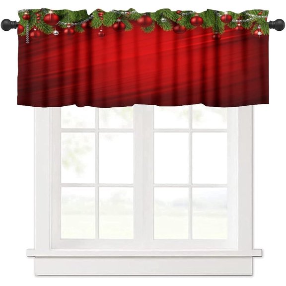 Christmas Valance Curtains Winter Green Pine Needles Xmas Balls Red Art Printed Rod Pocket Curtain Valance for Kitchen Bedroom Living Room Decor 1 Panel W54xL18 Inch