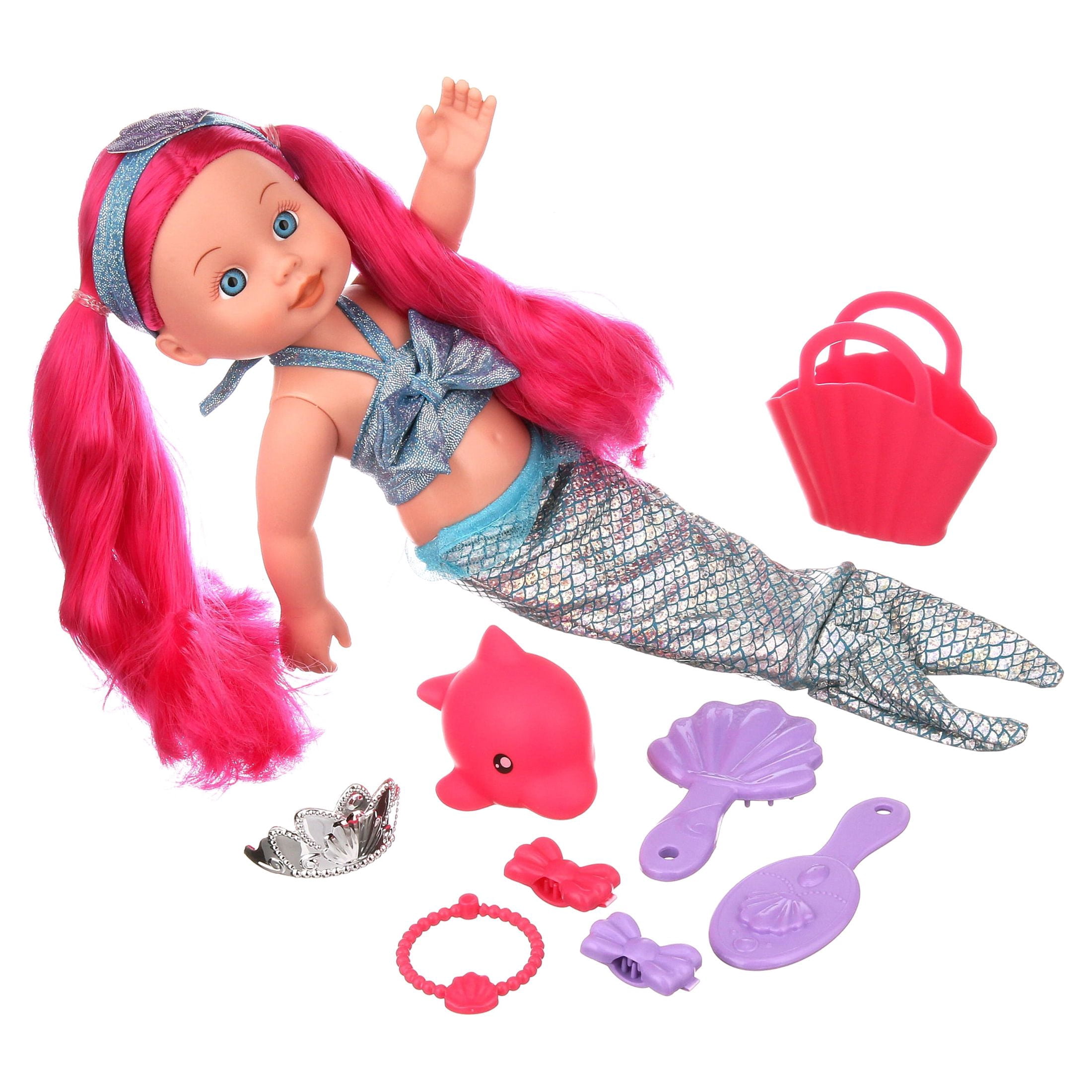 Kid Connection Mermaid Baby Doll Play Set, Blue Eyes, Pink Hair, Light Skin Tone