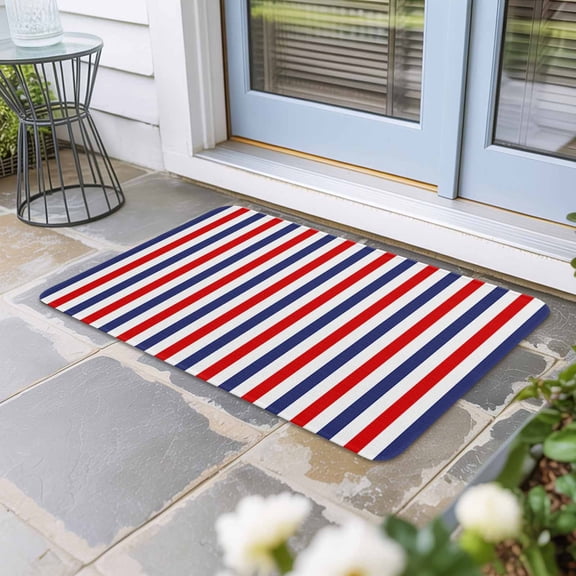 Red Blue White Striped Door Mat Indoor Outdoor, Modern Simple Stripes Non Slip Welcome Mat with Rubber Backing, Absorbent Fabric Front Door Mats Entryway Rug for Home Patio Entrance 16"x24"