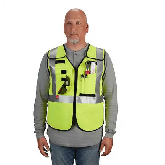 Milwaukee 48-73-5202 Arc-Rated/Flame-Resistant Large/X-Large Yellow Mesh Class 2 High Visibility Safety Vest with 10-Pockets