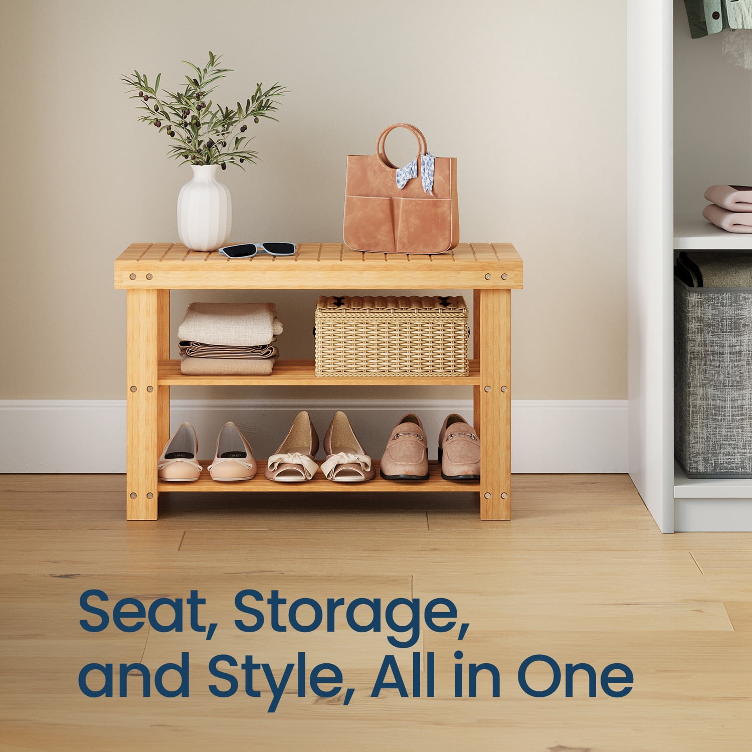 LEDREM 3-Tier Bamboo Shoe Bench Organizer, Multi-Functional Entryway Storage with Seat, 286lb Capacity, Quick Assembly, Natural