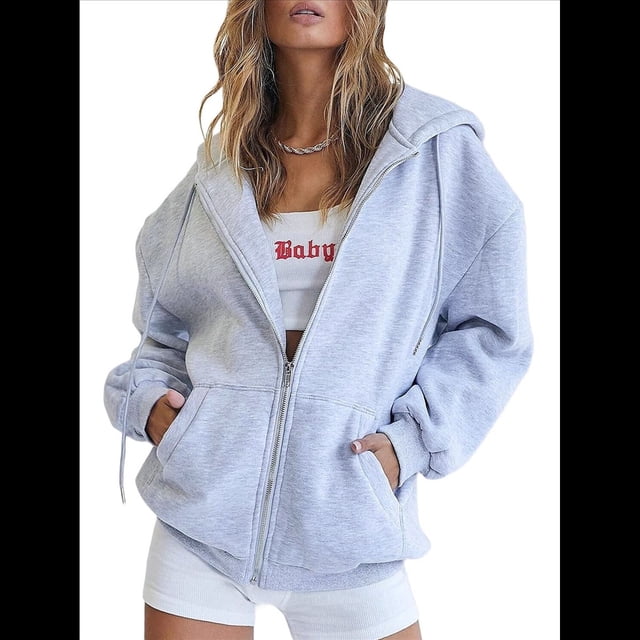 Sudaderas con Capucha y Cremallera para Mujer, Sudaderas Extragrandes, Conjuntos de Moda Escolar para Otoño, Chaquetas Informales, Ropa de Invierno Gris M