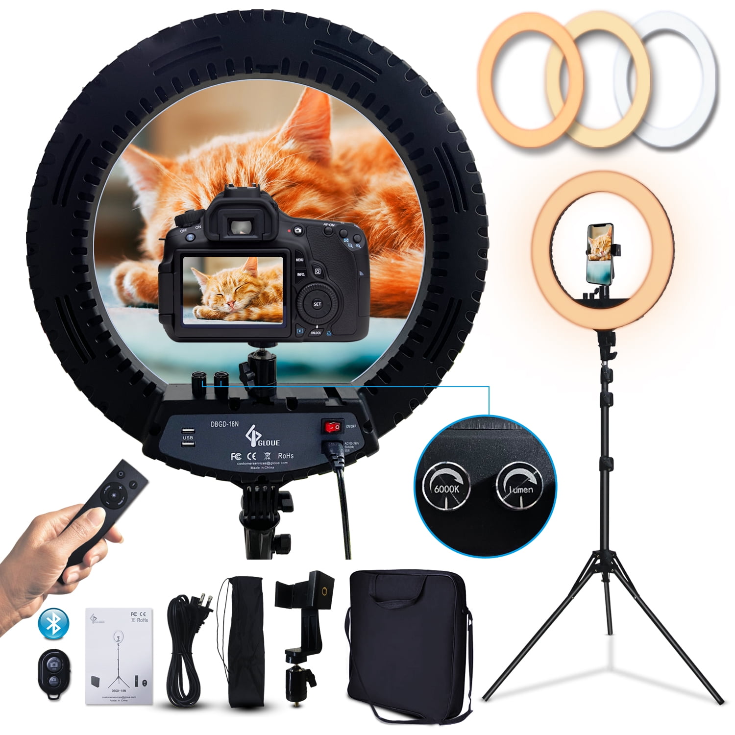 GLOUE 18 Inch LED Ring Light Kit with Tripod, Phone Holder for Live