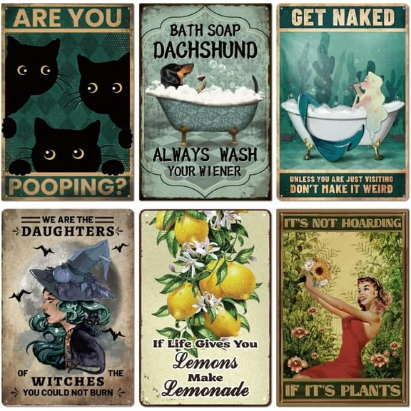1 Set 6Pcs Vintage Bathroom Decoration Metal Tin Sign Plaque Poster 8×12inch Retro Metal Wall Decorative Tin Signs for Home Kitchen Bar Coffee Shop Club Orchard Decoration