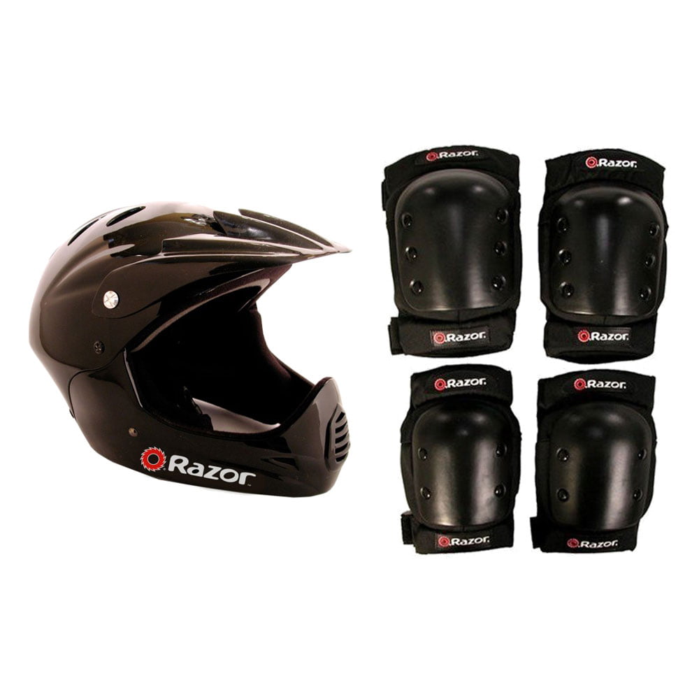 Razor Youth Full Face Riding Sport Scooter Helmet, Black + Elbow and Knee Pads